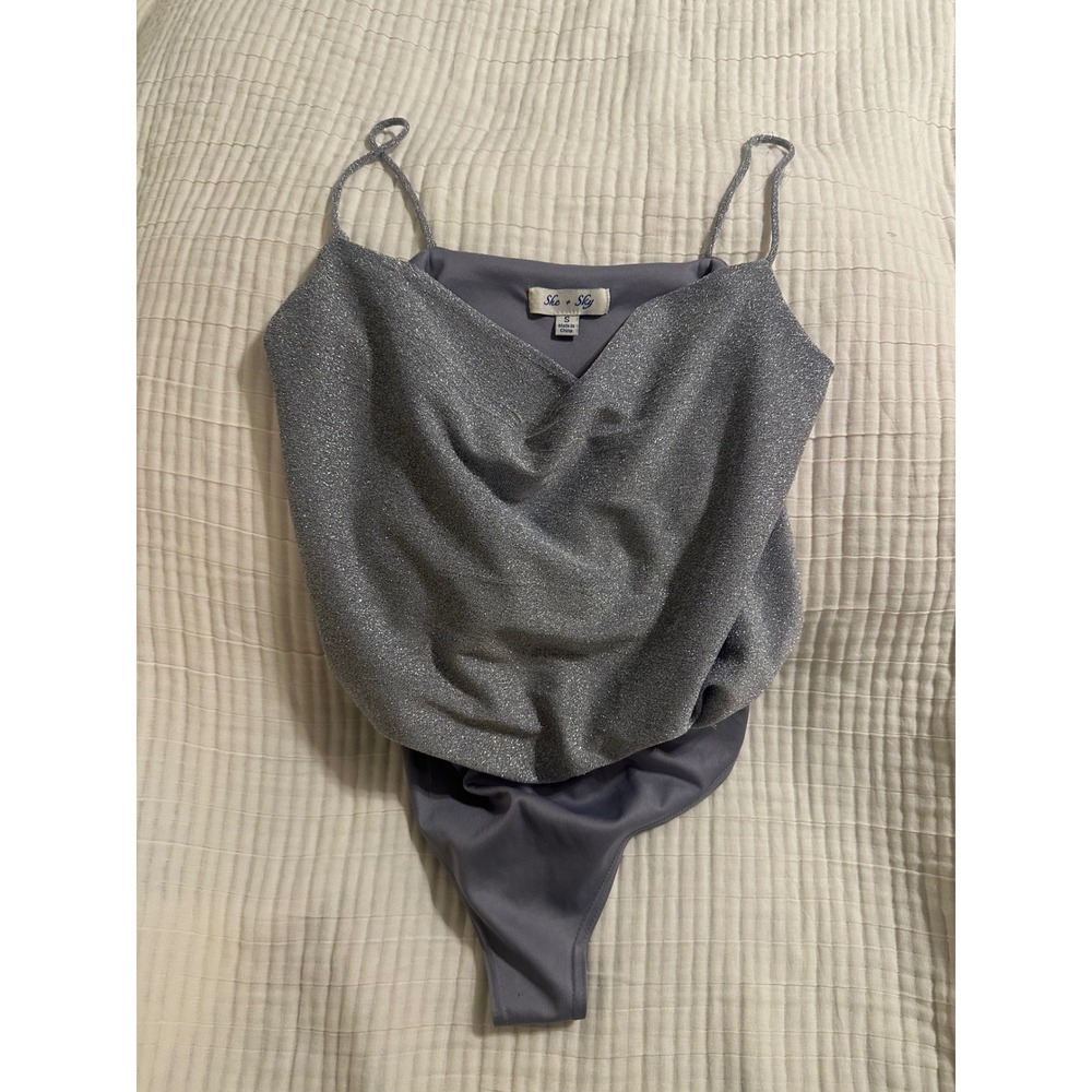 She + Sky Silver Metallic Cowl Neck Bodysuit Shimmer Spaghetti Strap Small